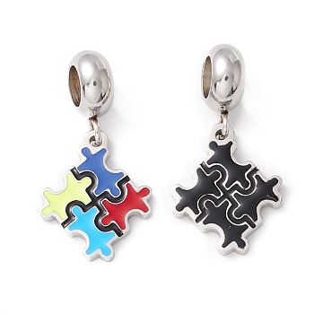 304 Stainless Steel European Dangle Charms, Large Hole Pendants, with Enamel, Stainless Steel Color, Puzzle, Mixed Color, 25mm, Hole: 4.5mm