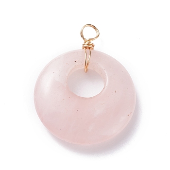 Natural Rose Quartz Pendants, with Light Gold Tone Copper Wire Wrapped, Donut, 35x27.5x7mm, Hole: 4mm