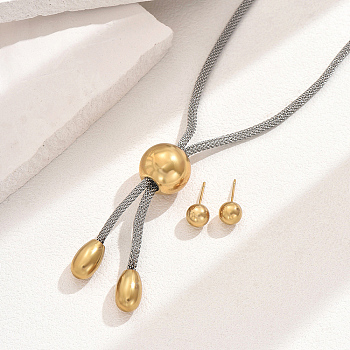 Fashionable Stainless Steel Round Stud Earrings & Lariat Necklaces Set for Women, Real 18K Gold Plated, show in picture