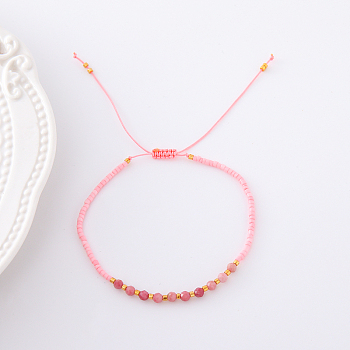 2mm Faceted Natural Rhodochrosite Beaded Braided Adjustable Bracelets for Women, 5-7/8~11-3/4 inch(15~30cm)