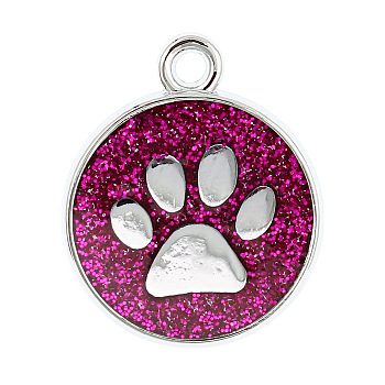 Enamel Charms, with Platinum Plated Alloy Findings and Glitter Powder, Flat Round with Dog Paw Prints, Medium Violet Red, 23x19x2.1mm, Hole: 2.1mm