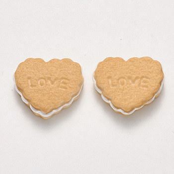 Resin Decoden Cabochons, Imitation Food Biscuits, Heart with Word LOVE, Wheat, 18x20~21x6mm