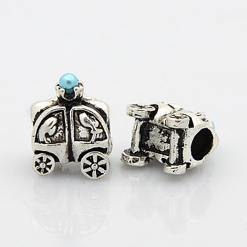 Large Hole Antique Silver Tone Alloy European Beads, with Acrylic Pearl, Car, Cyan, 14x12x9mm, Hole: 4.5mm