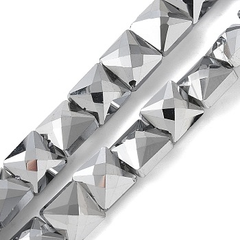 Electroplate Glass Beads Strands, Full Plated, Faceted, Square, Platinum Plated, 8x8x5.5mm, Hole: 0.8mm, about 49pcs/strand, 15.55 inch(39.5cm)