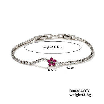 Chic Minimalist Flower Brass Rhinestone Link Chain Bracelets, Tennis Bracelet, Elegant and Versatile, 6-3/4 inch(17cm)+20mm