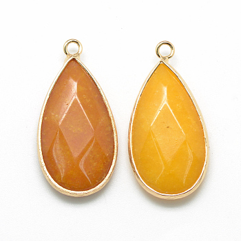 Natural White Jade Pendants, with Golden Tone Brass Findings, Faceted, teardrop, Dyed, Gold, 32.5~33x16x6mm, Hole: 2.5mm