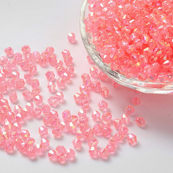 Bicone AB Color Plated Eco-Friendly Transparent Acrylic Beads, Faceted, Pink, 4x4mm, Hole: 1mm, about 1660pcs/50g