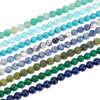 8 Strands 8 Style Natural & Synthetic Gemstone Beads Strands, Round, Mixed Color, 8~9mm, Hole: 1mm, about 45~50pcs/strand, 15.3 inch, 1strand/style