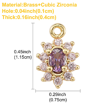 1Pc Eco-Friendly Brass Micro Pave Cubic Zirconia Charms, Cadmium Free & Lead Free, Real 18K Gold Plated, Flower, Purple, 11.5x7.5x4mm, Hole: 1mm