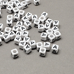 Large Hole Acrylic Letter European Beads, Horizontal Hole, White & Black, Cube with Letter.A, 6x6x6mm, Hole: 4mm(X-SACR-Q103-6mm-01A)