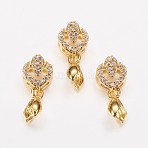 Long-Lasting Plated Brass Micro Pave Cubic Zirconia Ice Pick Pinch Bails, Heart with Leaf, Real 24K Gold Plated, 18mm, Hole: 2x6mm, Pin: 0.6mm(ZIRC-F069-21G)