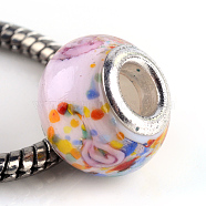 Rondelle Lampwork Large Hole European Beads, with Silver Tone Brass Cores, Pink, 13~14x10~11mm, Hole: 5mm(LPDL-R003-02G)