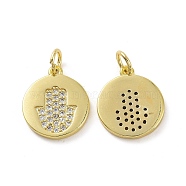 Brass Micro Pave Clear Cubic Zirconia Pendants, with Jump Ring, Flat Round with Hamsa Hand/Hand of Fatima/Hand of Miriam Charms, Real 18K Gold Plated, 15x13x1.5mm, Hole: 3.2mm(KK-E068-VF071)