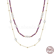 Natural Lepidolite & Pearl Beaded Double Layer Necklaces, with 925 Sterling Silver Chains, with 925 Stamp, Real 14K Gold Plated, 15.98 inch(40.6cm)(NJEW-G121-01G)