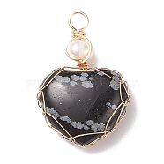 Natural Snowflake Obsidian & Freshwater Pearl Pendants, with Real 18K Gold Plated Copper Wire Wrapped, Heart, 33~36.5x24.5x8.5~11.5mm, Hole: 4mm(PALLOY-JF01661-02)