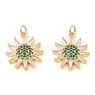 Rack Plating Brass Micro Pave Clear Cubic Zirconia Pendants, Real 16K Gold Plated, Sun, Green, 20x18x3.5mm(KK-M253-10G-05)