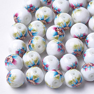 Printed & Spray Painted Glass Beads, Round with Flower Pattern, Colorful, 8~8.5x7.5mm, Hole: 1.4mm(X-GLAA-S047-02A-03)