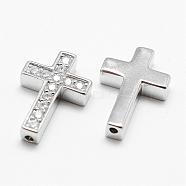 Brass Micro Pave Grade AAA Cubic Zirconia Beads, Cross, Cadmium Free & Nickel Free & Lead Free, Real Platinum Plated, 18.8x12.8x3.8mm, Hole: 1.5mm(KK-P055-14P-NR)