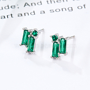 Cubic Zirconia Rectangle Stud Earrings, Silver 925 Sterling Silver Post Earrings, with 925 Stamp, Dark Green, 8.5x5.8mm(GZ2843-2)
