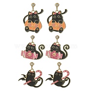 Halloween Theme Alloy Enamel Cat Dangle Stud Earrings with Brass Pins, Clear Cubic Zirconia Earrings, Mixed Shapes, 30~35x24~30mm(EJEW-JE05308)