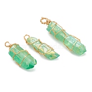 Electroplated Natural Quartz Crystal Pendants, with Golden Copper Wire Findings Wrapped, Dyed, Nuggets, Spring Green, 28~42.5x9~10.5x7~8.5mm, Hole: 2~3.5mm(PALLOY-JF00614)