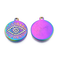 304 Stainless Steel Pendants, with Crystal Rhinestone, Flat Round with Eye, Rainbow Color, 21x18x2.5mm, Hole: 1.4mm(STAS-N098-178M)