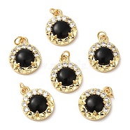 Natural Black Agate Pendants, Flat Round Charms, with Rack Plating Brass Micro Pave Clear Cubic Zirconia Findings and Jump Ring, Cadmium Free & Lead Free, Real 18K Gold Plated, 15.5x12.5x4mm, Hole: 2.5mm(G-A034-04G)
