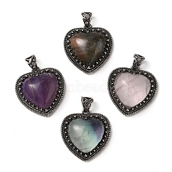 Natural Mixed Stone Pendants, Heart Charms, with Rack Plating Antique Silver Tone Brass Findings, Cadmium Free & Lead Free, 28.5x27x9mm, Hole: 7x5mm(G-A095-01AS)