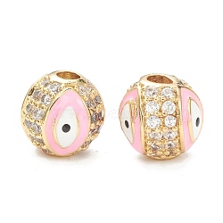 Brass Micro Pave Cubic Zirconia Beads, with Enamel,  Long-Lasting Plated, Flat Round with Evil Eye, Real 18K Gold Plated, Pink, 8mm, Hole: 2mm(ZIRC-A019-16G-A01)