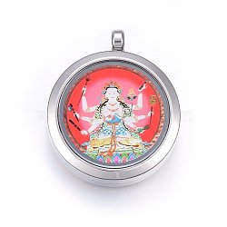 304 Stainless Steel Locket Pendants, with Glass, Flat Round with Buddha & Dorje Vajra Pattern, Colorful, Stainless Steel Color, 37x31x10mm, Hole: 4mm, Inner Diameter: 24mm(STAS-O108-71P-D)