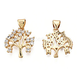 Brass Micro Pave Cubic Zirconia Pendants, Tree of Life, Clear, Golden, 18x15.5x2.5mm, Hole: 3.5x4.5mm(ZIRC-T006-05G)