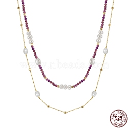 Natural Lepidolite & Pearl Beaded Double Layer Necklaces, with 925 Sterling Silver Chains, with 925 Stamp, Real 14K Gold Plated, 15.98 inch(40.6cm)(NJEW-G121-01G)