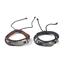 PU Leather & Waxed Cords Triple Layer Multi-strand Bracelets, Braided Adjustable Bracelet Alloy Wing, Mixed Color, Inner Diameter: 2-3/8~3-1/8 inch(5.9~8cm)(BJEW-G709-05)