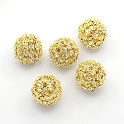 Brass Rhinestone Beads, Round, Nickel Free, Golden, about 20mm in diameter, hole: 2.5mm(RSB081-NFG)