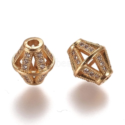 Hollow Brass Micro Pave Clear Cubic Zirconia Beads, Bicone, Golden, 11x10mm, Hole: 2.5mm(ZIRC-L075-65A-G)