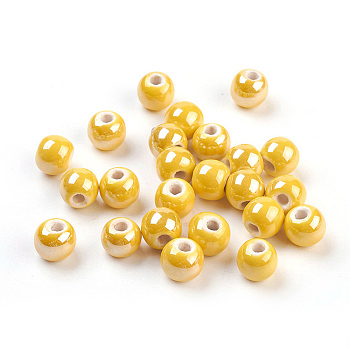 Handmade Porcelain Beads, Pearlized, Round, Yellow, 8mm, Hole: 2mm