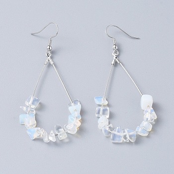 Dangle Earrings, with Opalite Chips, Platinum Plated Brass Earring Hooks and teardrop, Pendants, 71~75mm, Pendant: 53.5~59mm, Pin: 0.5mm