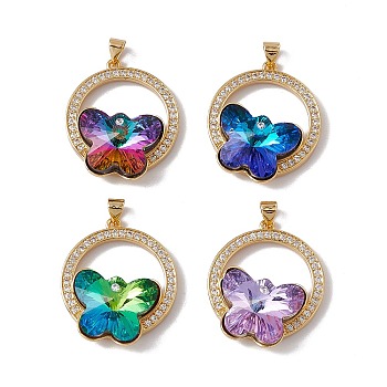 Brass Micro Pave Clear Cubic Zirconia Pendants, with Glass Cabochon, Cadmium Free & Nickel Free & Lead Free, Rack Plating, Flat Round with Butterfly, Mixed Color, 29.5x25.5x10mm, Hole: 3.5x5mm