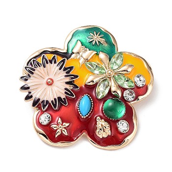 Alloy Pave Rhinestone Brooch, with Enamel, Flower, Colorful, 59.5x59.5x11mm, Hole: 7x6mm