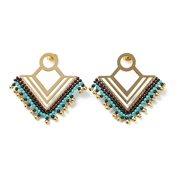 Woven Glass & Brass Beaded Triangle Dangle Stud Earrings with Vacuum Plating 304 Stainless Steel Pins, Golden, 45x47mm