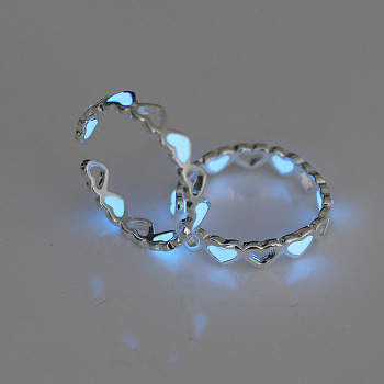 Luminous Heart Alloy Cuff Ring, Glow in the Dark Jewelry for Women, Cornflower Blue, US Size 7 3/4(17.9mm)