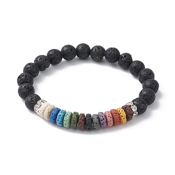 Dyed Colorful Natural Lava Rock Beaded Stretch Bracelets, Silver, Inner Diameter: 2-3/8 inch(6cm)