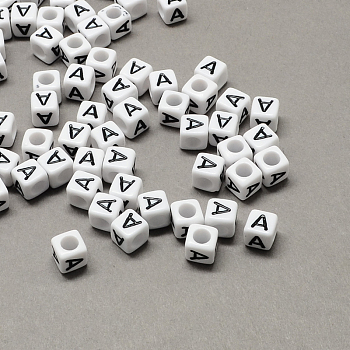 Large Hole Acrylic Letter European Beads, Horizontal Hole, White & Black, Cube with Letter.A, 6x6x6mm, Hole: 4mm