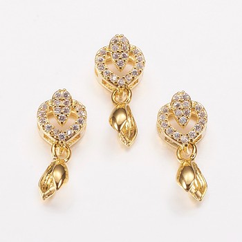 Long-Lasting Plated Brass Micro Pave Cubic Zirconia Ice Pick Pinch Bails, Heart with Leaf, Real 24K Gold Plated, 18mm, Hole: 2x6mm, Pin: 0.6mm