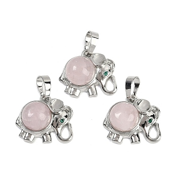 Natural Rose Quartz Pendants, Rack Plating Brass Rhinestone Elephant Charms, Platinum, Cadmium Free & Lead Free, 17.5x20.5x8mm, Hole: 5x8mm