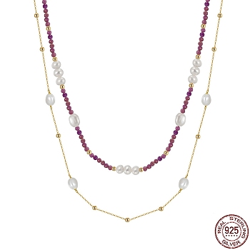 Natural Lepidolite & Pearl Beaded Double Layer Necklaces, with 925 Sterling Silver Chains, with 925 Stamp, Real 14K Gold Plated, 15.98 inch(40.6cm)