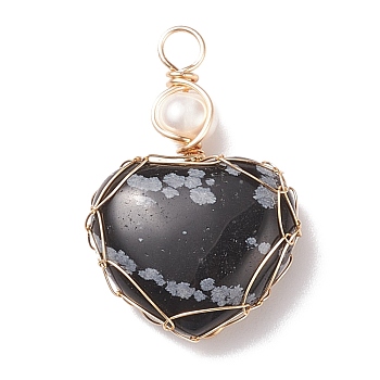 Natural Snowflake Obsidian & Freshwater Pearl Pendants, with Real 18K Gold Plated Copper Wire Wrapped, Heart, 33~36.5x24.5x8.5~11.5mm, Hole: 4mm