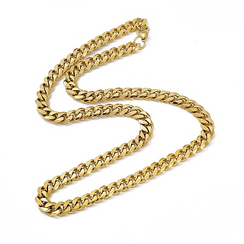 Vacuum Plating 201 Stainless Steel Cuban Link Chain Necklace with 304 Stainless Steel Clasps for Men Women, Golden, 23.86(60.6cm), Link: 11x9x2.5mm