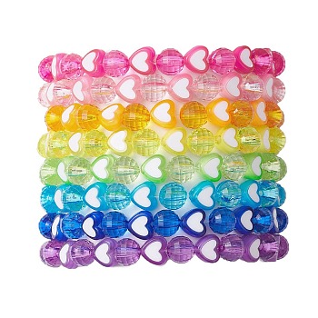 8Pcs 8mm Faceted Round & Heart Acrylic Beaded Stretch Bracelet Sets, Rainbow Color Kid Bracelets for Girls, Colorful, Inner Diameter: 1-3/4 inch(4.6cm), Bead: 8mm & 8x7mm