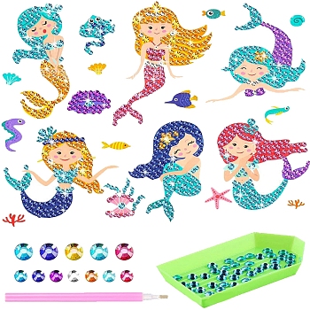 DIY Mermaid Diamond Painting Sticker Kits, including Self Adhesive Sticker and Resin Rhinestones, Mixed Color, 60~70mm, 6 patterns, 1pc/pattern, 6pcs